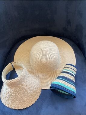Pack of Three Straw Sun Hats - Natural & Blue Stripe
